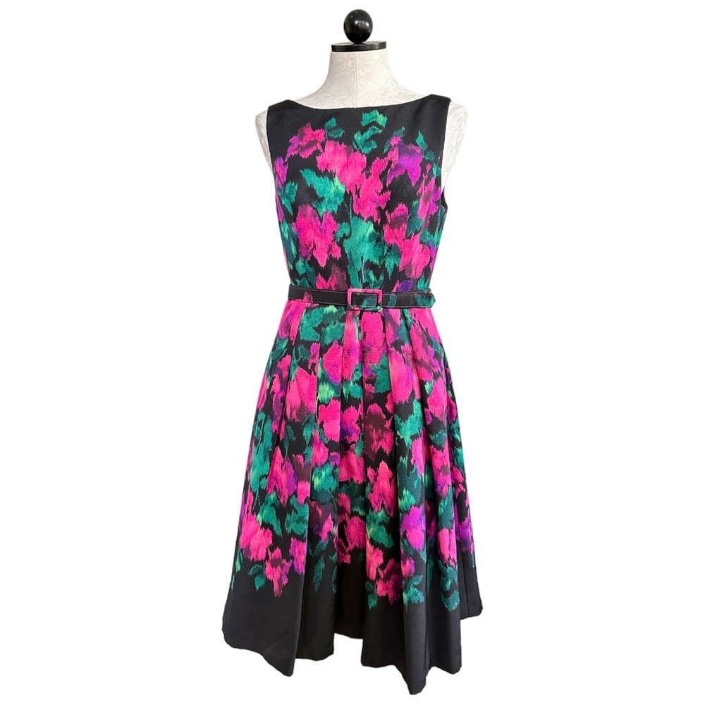 Eliza J Fit & Flare Black Watercolor Dress Sleeveless Belted Size 6